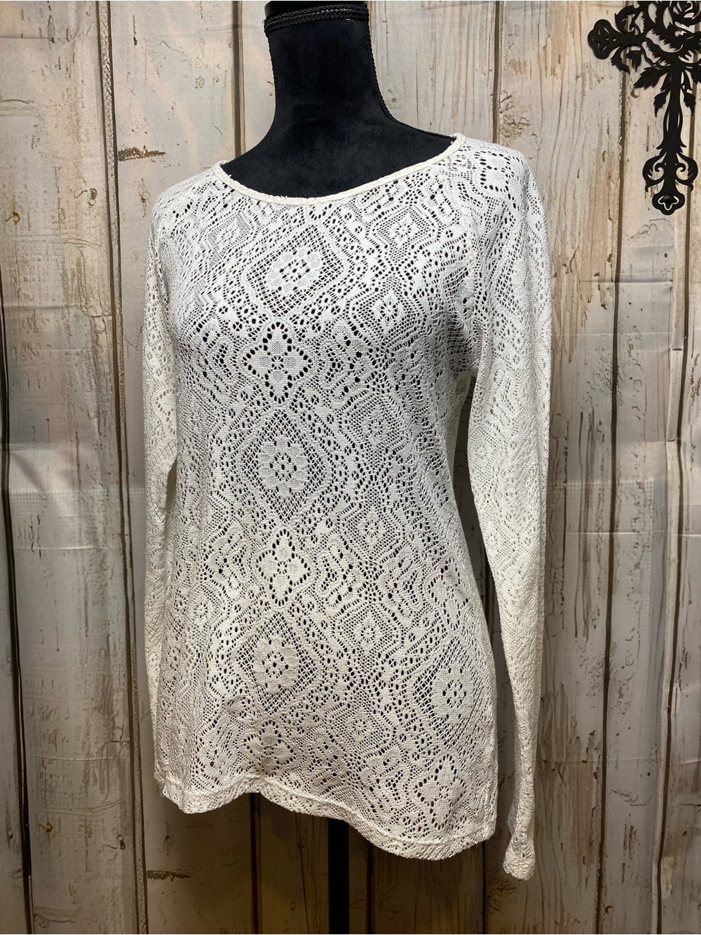 White Crochet Lace Knit Long-Sleeve Tunic Top Sz-S